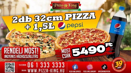 Pizza King 21 - 2 darab normál 32cm pizza, 1,5l pepsivel - Szuper ajánlat - Online order